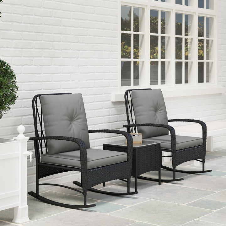 Three-Piece Rocking Chair Rattan Bistro Set - Black