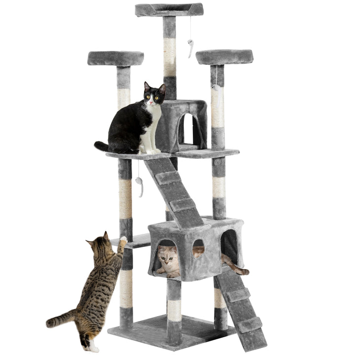 PawHut Cat Tree for Indoor Cats Kitten Kitty Scratching Scratcher Post Climbing Tower Activity Centre House Grey | Aosom UK