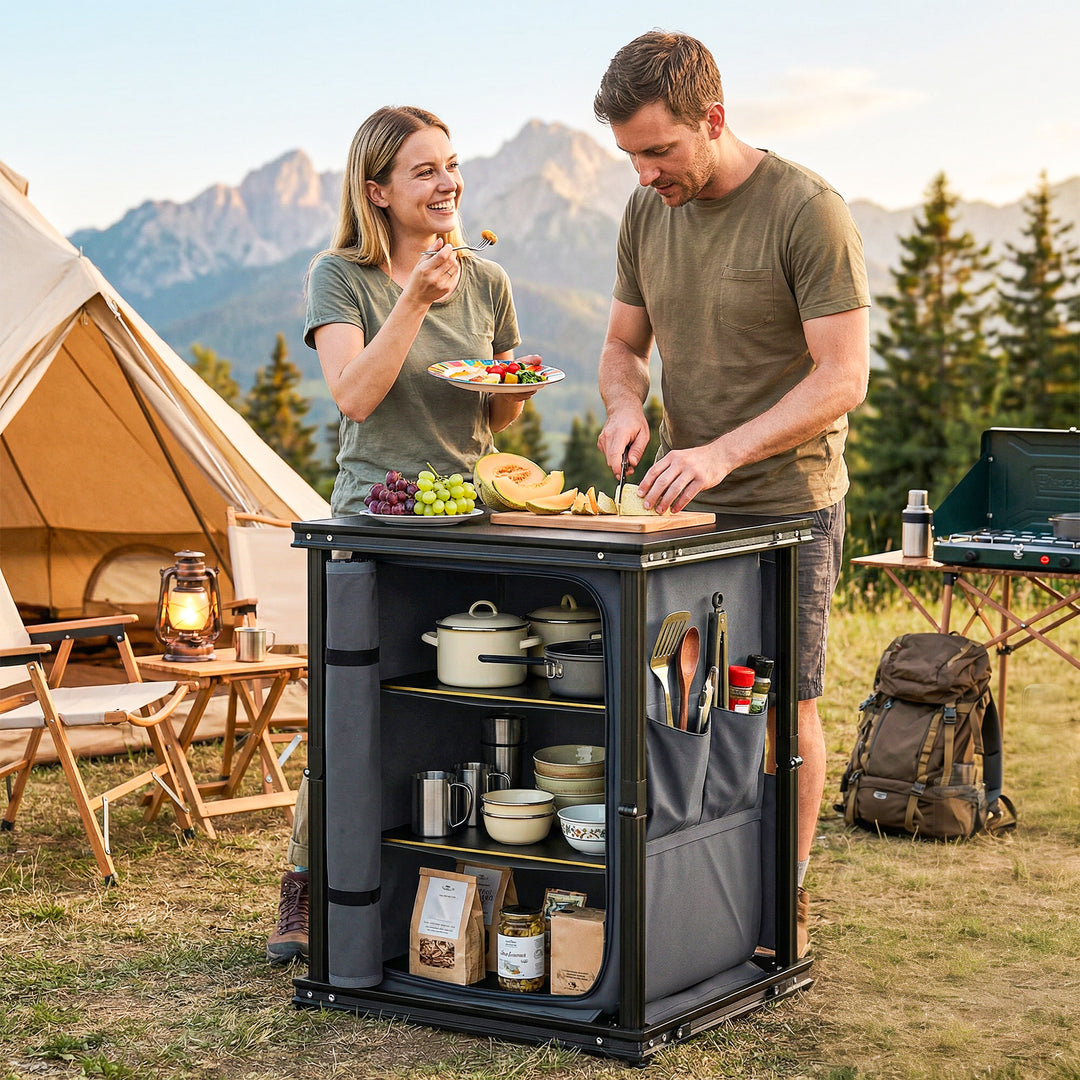Camping Camping Cupboards, Folding Portable Kitchen Table with 3-Tier 