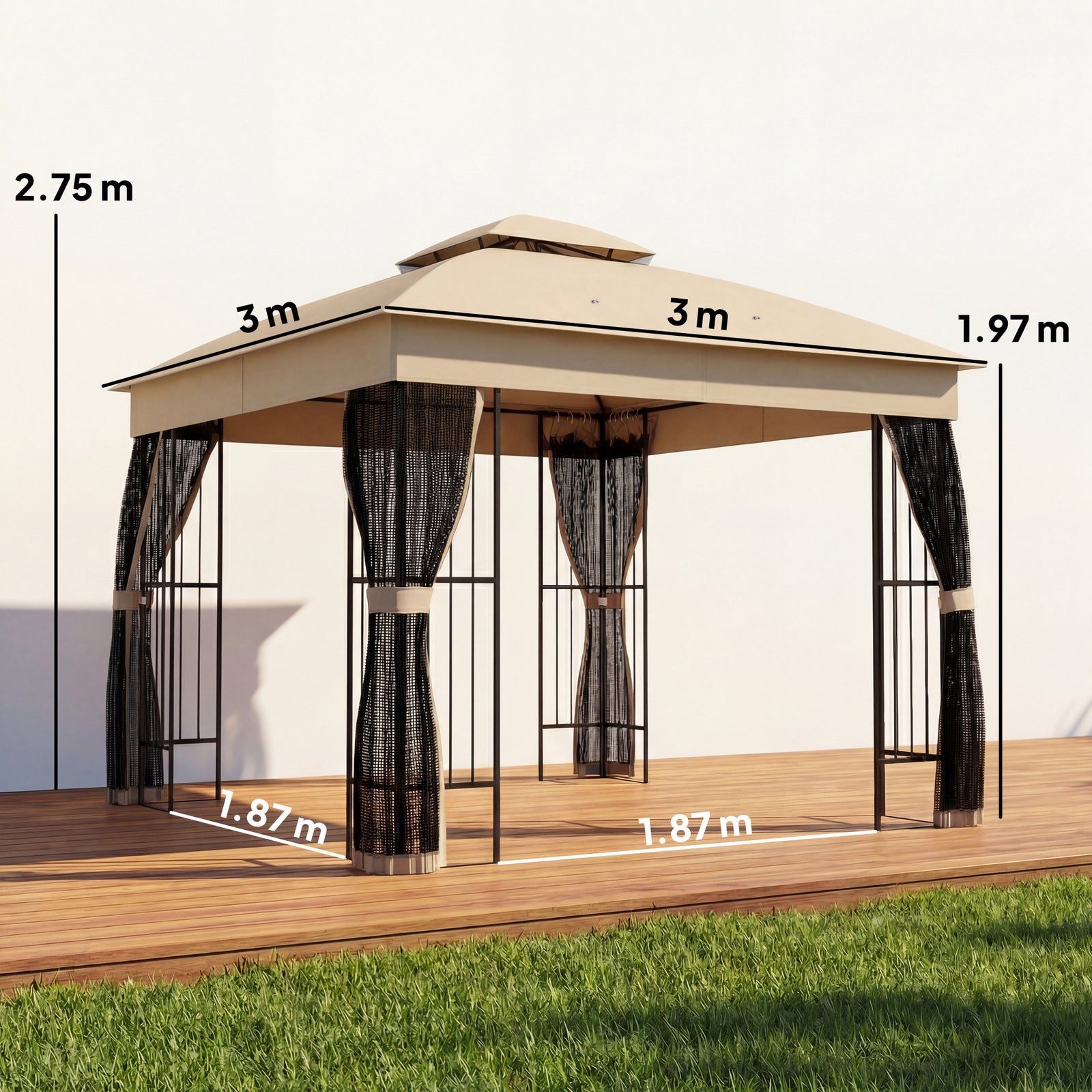 3 x 3 m Outdoor Garden Gazebo with Post Shelves, UPF50+ Double Roof Pa