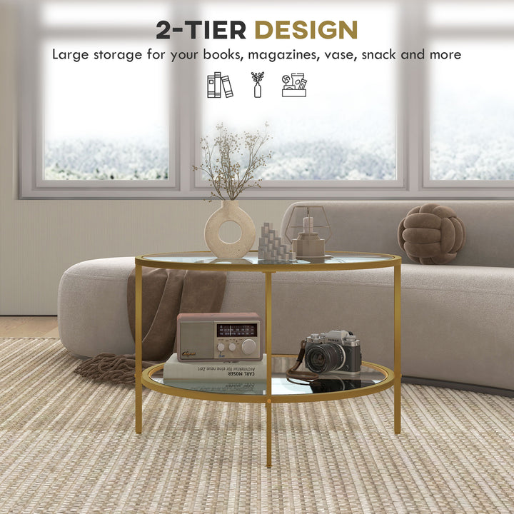 Round Coffee Table with Storage, 2-Tier Tempered Glass Coffee Table with Steel Frame for Living Room, Gold Tone