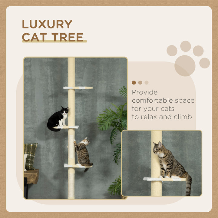 PawHut 260cm Cat Tower Cat Tree, Floor to Ceiling, Height Adjustable with Anti-slip Kit and Fish-shaped Scratching Post Ball, Yellow