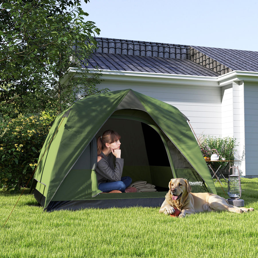 3-4 Person Camping Tent, Easy Set Up Waterproof Dome Tent with Sewn-in Groundsheet, Mesh Windows, Pocket and Hook for Camping, Hiking, Backpacking, Olive Green and Grey