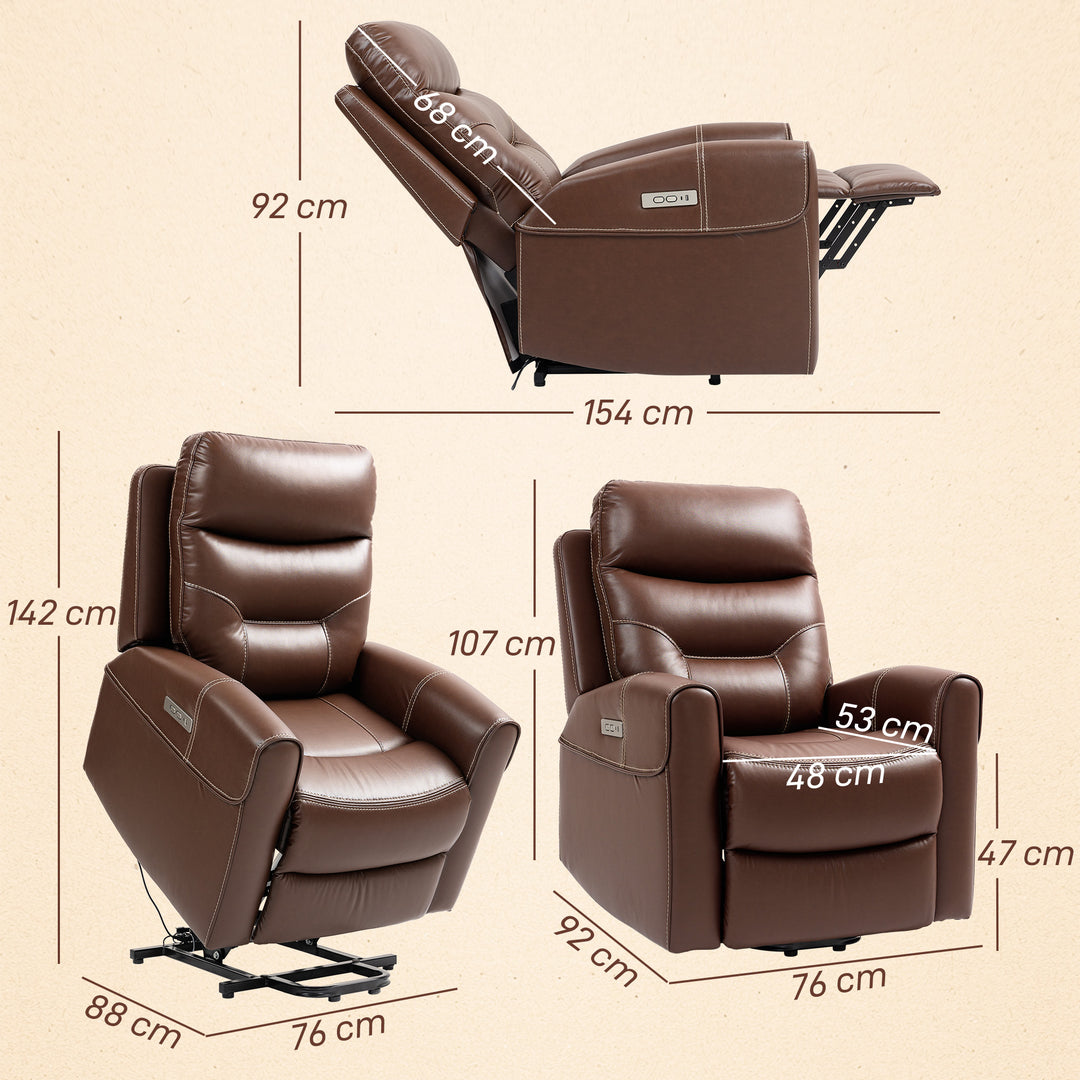 Power Lift Recliner Chair for Elderly, Overstuffed Faux Leather Riser and Reclining Chair with USB A+C Ports, Remote Control, Recliner Armchair for Living Room, Brown