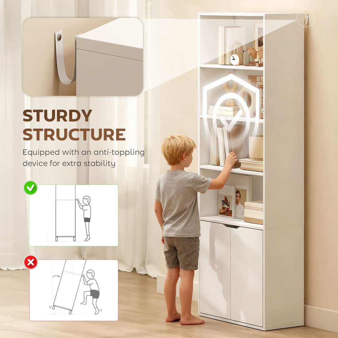 MCL 6-Tier Tall Bookcase, Bookshelf with 4 Open Shelves and Double Door Storage Cabinet, Freestanding Display Rack for Living Room, Bedroom, Home Office, Study, 59 x 29 x 180cm, White