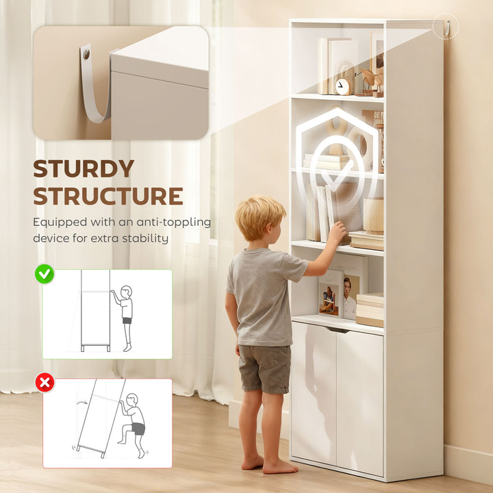 MCL 6-Tier Tall Bookcase, Bookshelf with 4 Open Shelves and Double Door Storage Cabinet, Freestanding Display Rack for Living Room, Bedroom, Home Office, Study, 59 x 29 x 180cm, White