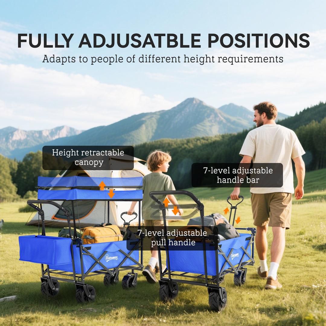 Folding Trolley Cart Storage Wagon Beach Trailer 4 Wheels with Handle Overhead Canopy Cart Push Pull for Camping, Blue