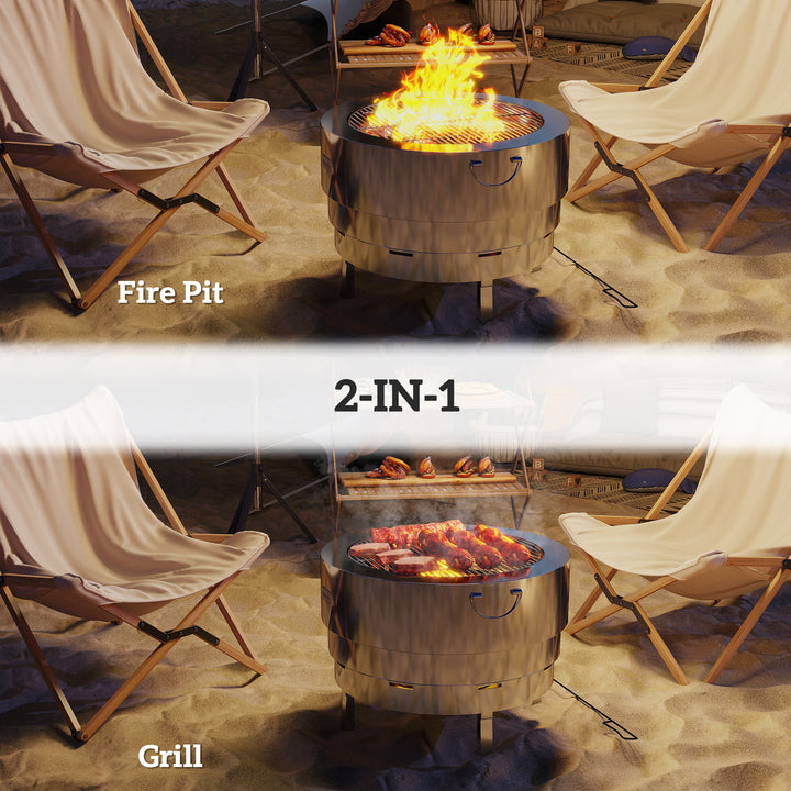 Stainless Steel Wood-burning Fire Pit with Fire Poker - Silver