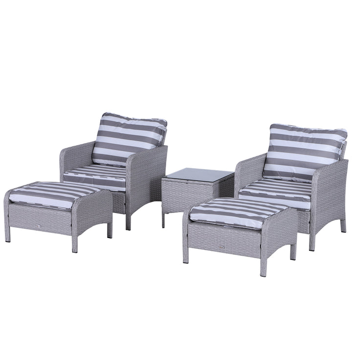 Outsunny 2 Seater PE Rattan Garden Furniture Set, 2 Armchairs 2 Stools Glass Top Table Cushions Wicker Weave Chairs Outdoor Seating - Grey | Aosom UK