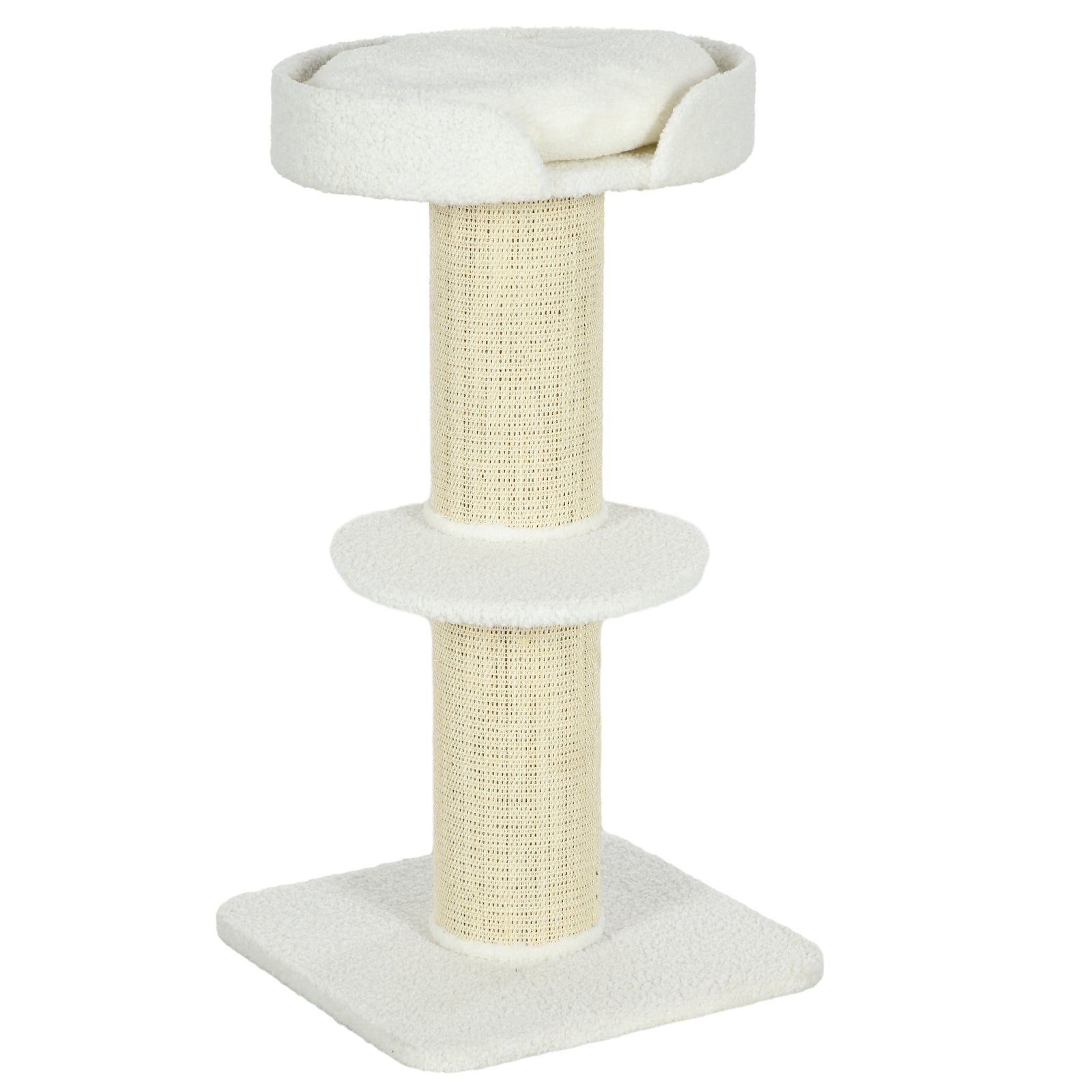 2 Tier Sisal Sherpa Cat Tree with Basket Cushion Sisal Post Cream White