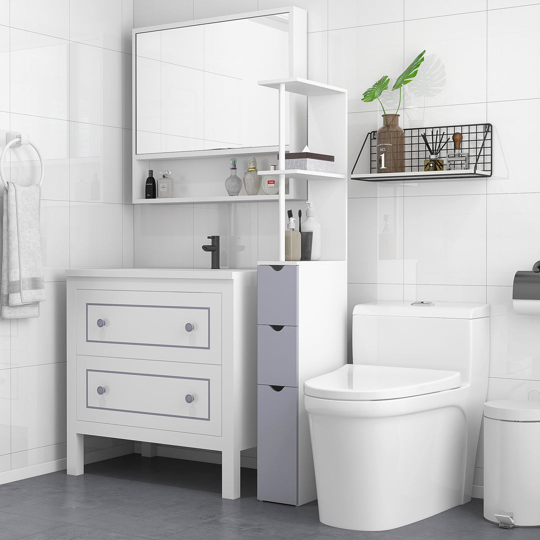 Tall Bathroom Cabinet, Freestanding Bathroom Storage Cabinet with 2-Tier Shelf and Drawers, Narrow Cupboard Storage Unit, White, Grey