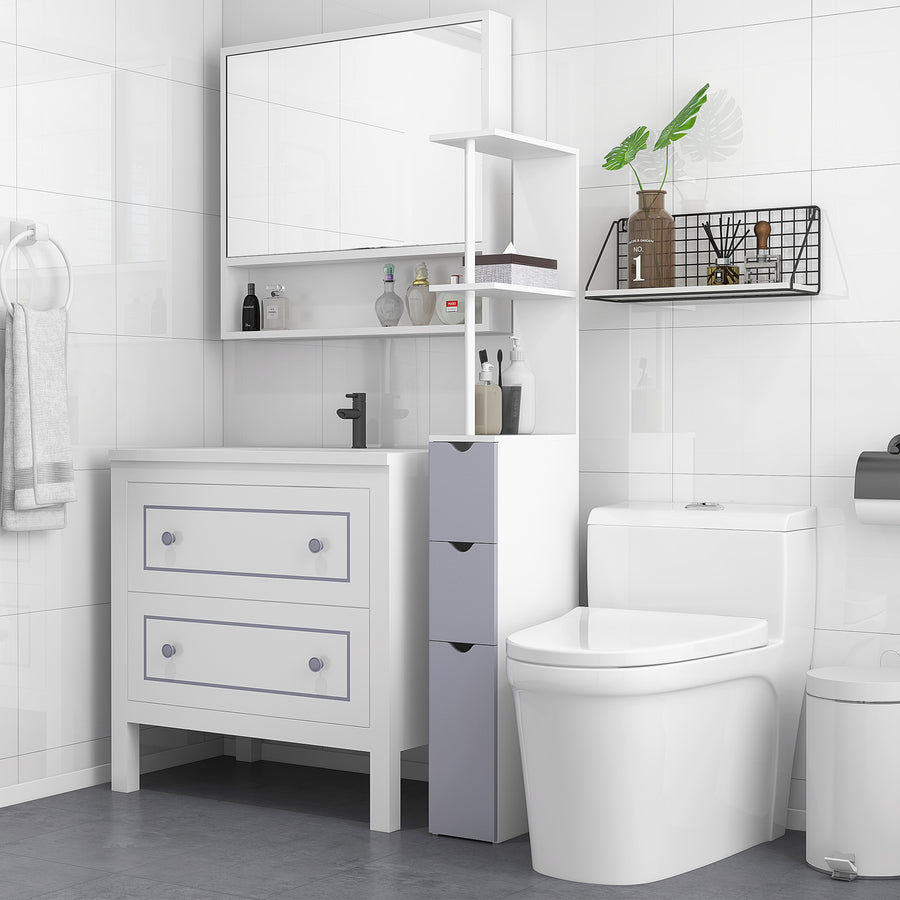 Tall Bathroom Cabinet, Freestanding Bathroom Storage Cabinet with 2-Tier Shelf and Drawers, Narrow Cupboard Storage Unit, White, Grey