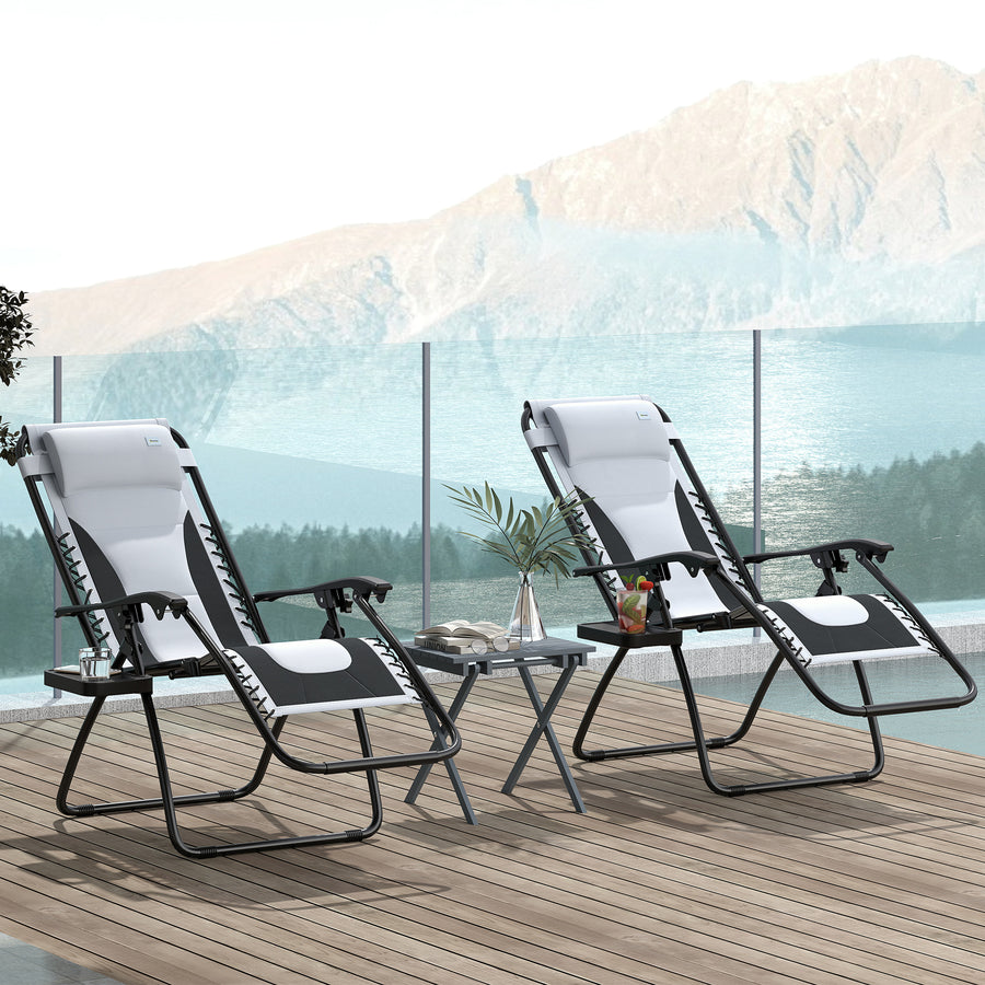 Zero Gravity Lounger Chair Set of 2, Folding Reclining Patio Chair with Padded Seat, Cup Holder, Soft Cushion and Headrest for Poolside, Camping, Grey