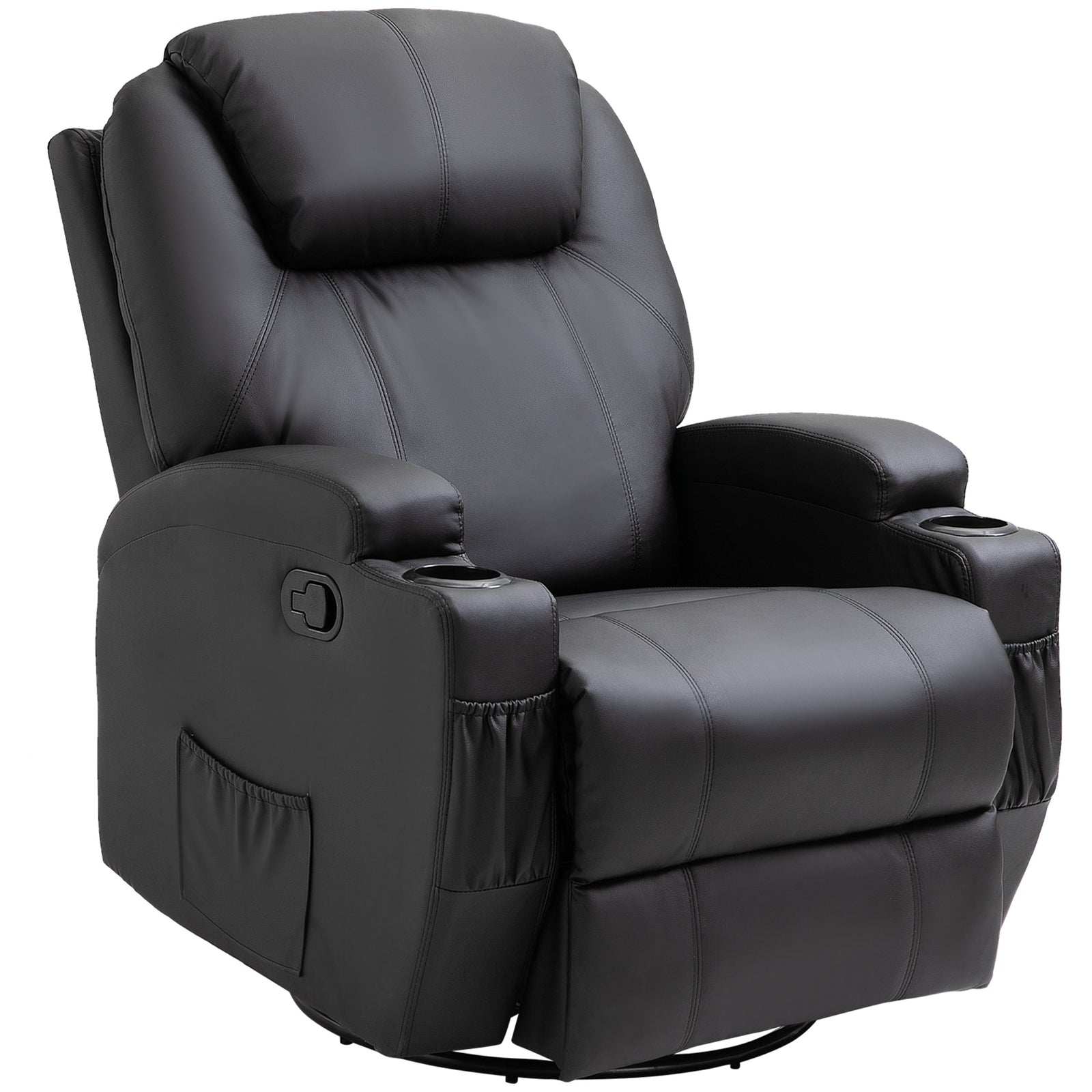 Recliner Chair, Recliner Massage Rocker Chair with 360° Rotate, 165° Reclining Function, Adjustable Footrest, Swivel Armchair Single Sofa for Living Room with Drink Holders, Side Pockets, Black