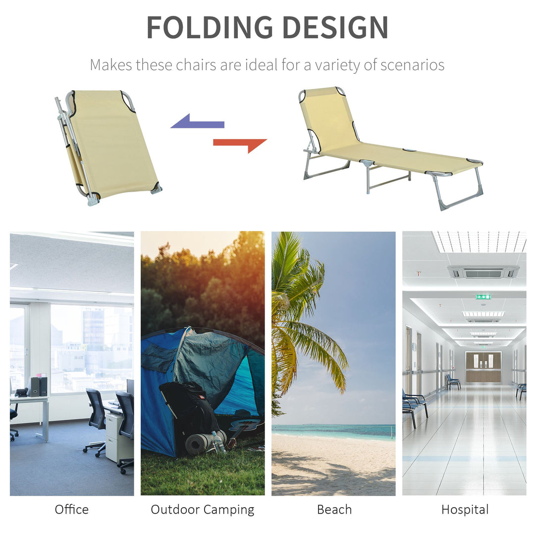 Reclining Sun Lounger Chair Folding Camping Bed with 4-Position Adjustable Backrest, for Travel Indoor Outdoor Office Fishing, Beige