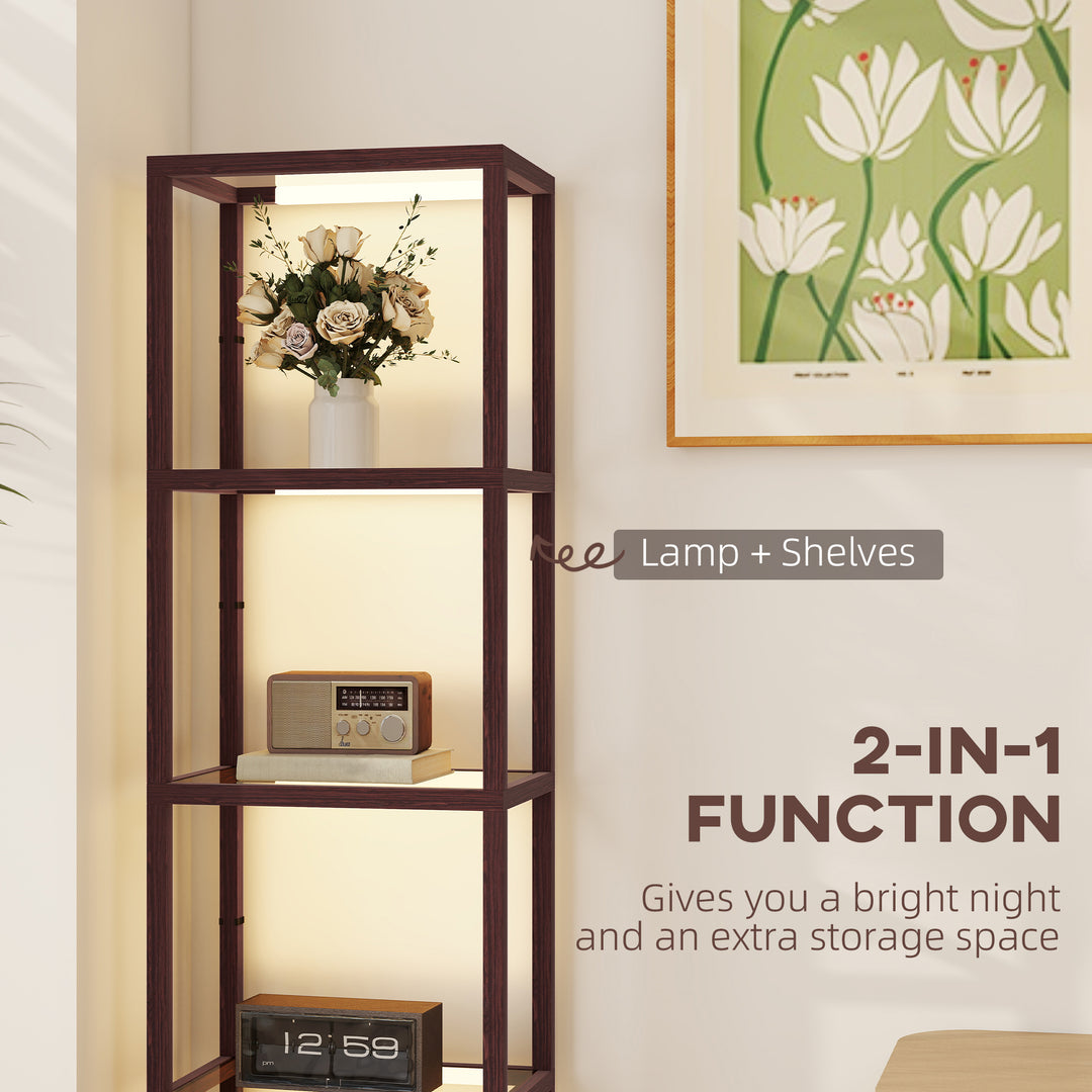 LED Floor Lamp with Glass Shelves, 4 Layers Dimmable Tall Standing Lamp, Modern Column Shelf Floor Light for Living Room, Bedroom, Office, Dark Brown