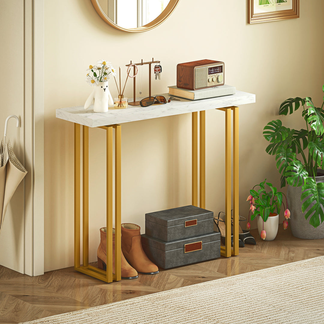 100 cm Console Table with Faux Marble Top, Narrow Entryway Table with Anti-tipping Device