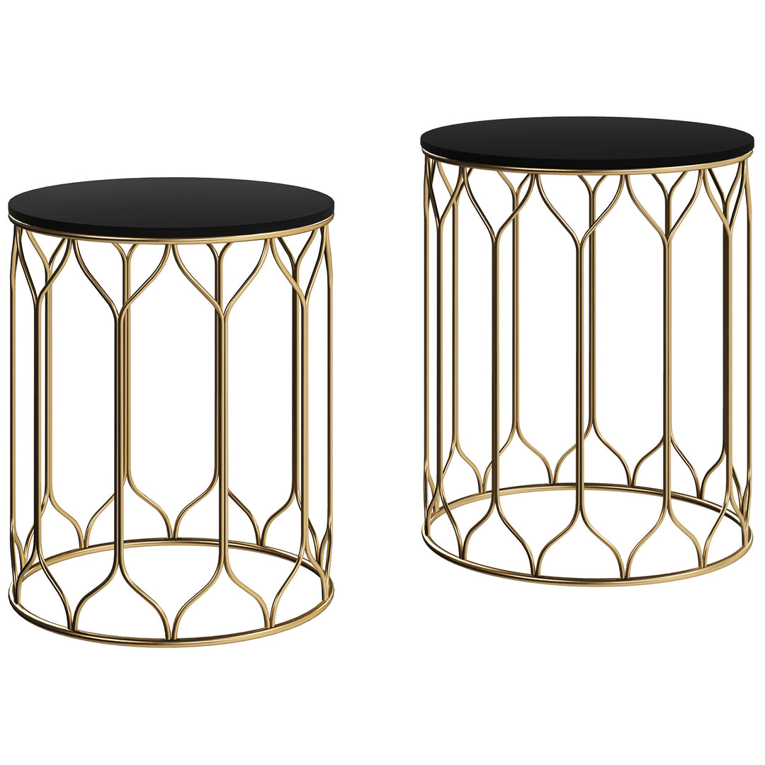 Round Coffee Table Set of 2, Modern Nesting Tables with Ceramic Tile Top, Small End Tables, Indoor Outdoor Side Table with Metal Frame for Living Room, Bedroom, Patio, Balcony, Black