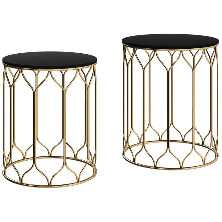 Round Coffee Table Set of 2, Modern Nesting Tables with Ceramic Tile Top, Small End Tables, Indoor Outdoor Side Table with Metal Frame for Living Room, Bedroom, Patio, Balcony, Black