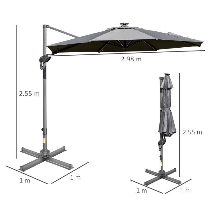 Outsunny Cantilever Roma Parasol with LED Solar Light, 3m Adjustable Garden Sun Umbrella, Rotating, Grey