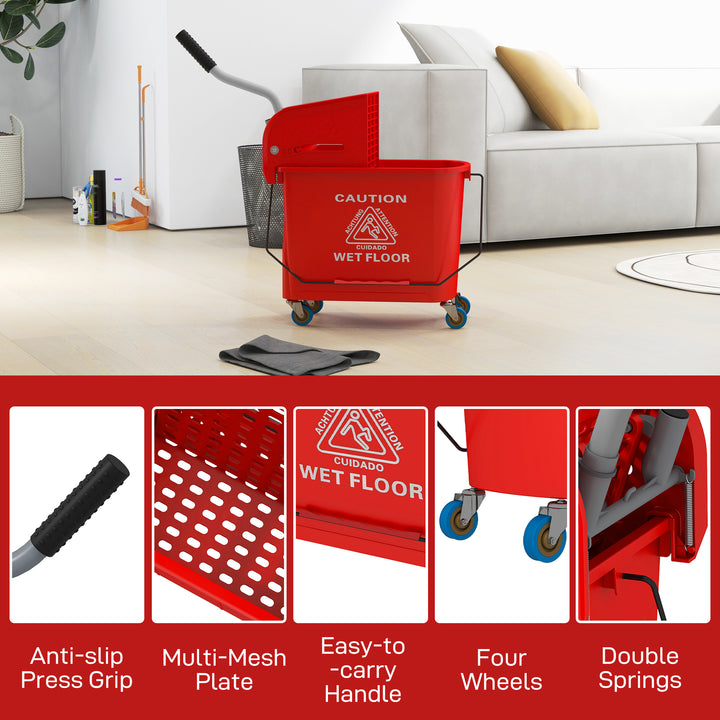 20L Compact Mop Bucket on Wheels, with Water Separation Panel - Red