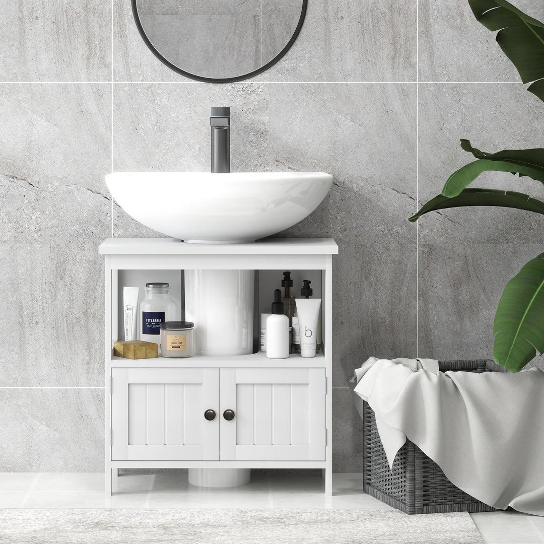 Pedestal Under Sink Cabinet with Double Doors, Modern Bathroom Vanity Storage Unit with Shelves, White