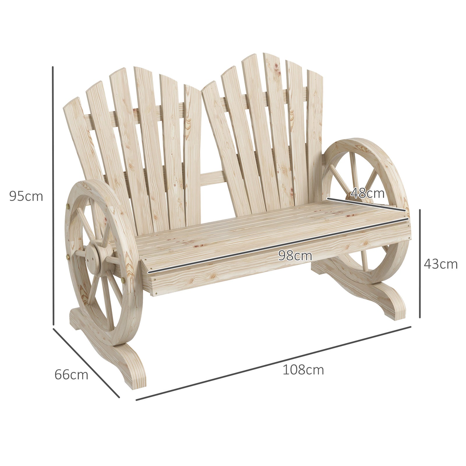 Fir Wood Love Seats with Wheel-Shaped Armrests, Large Load-Bearing Cha
