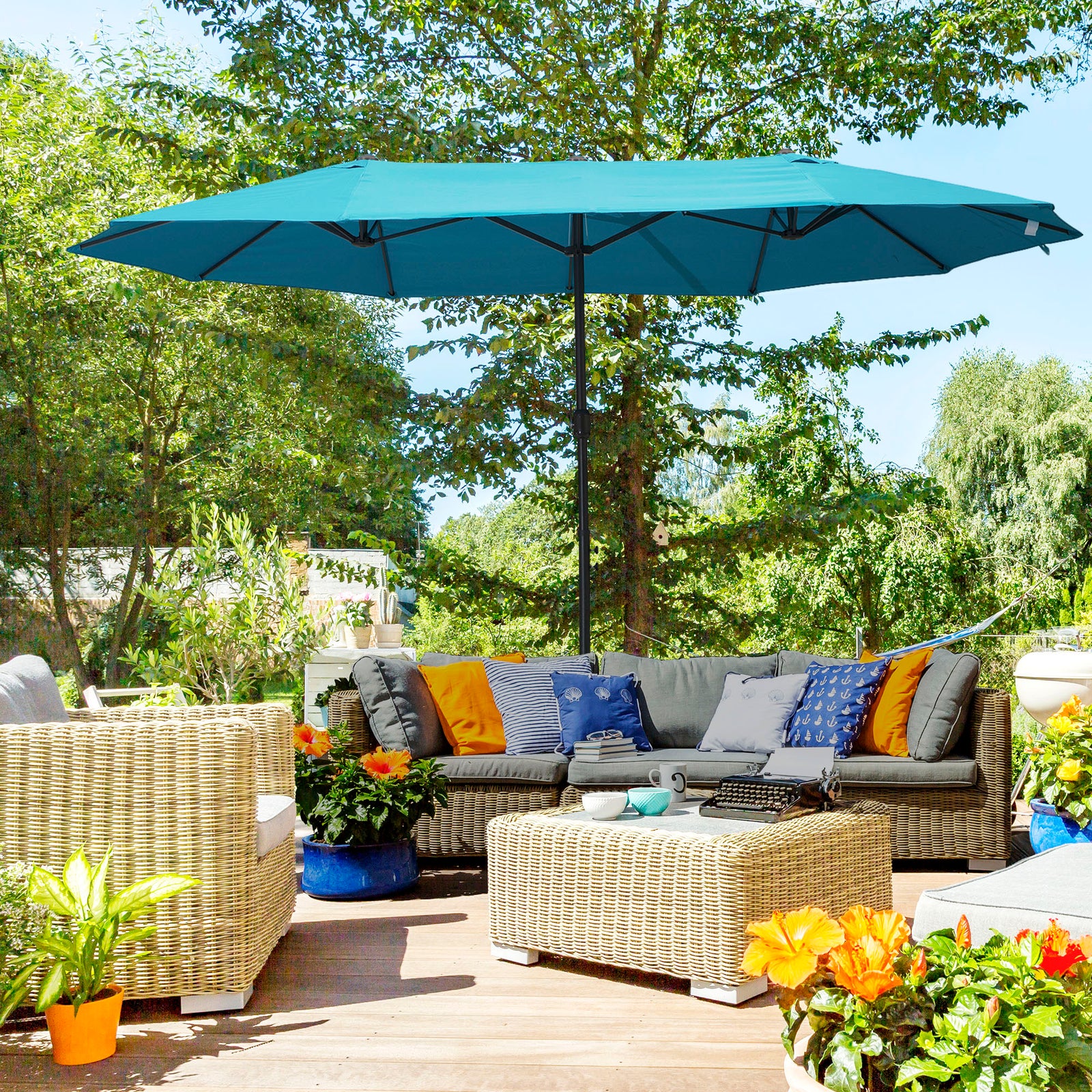 4.6m Double Garden Parasol - Sky Blue