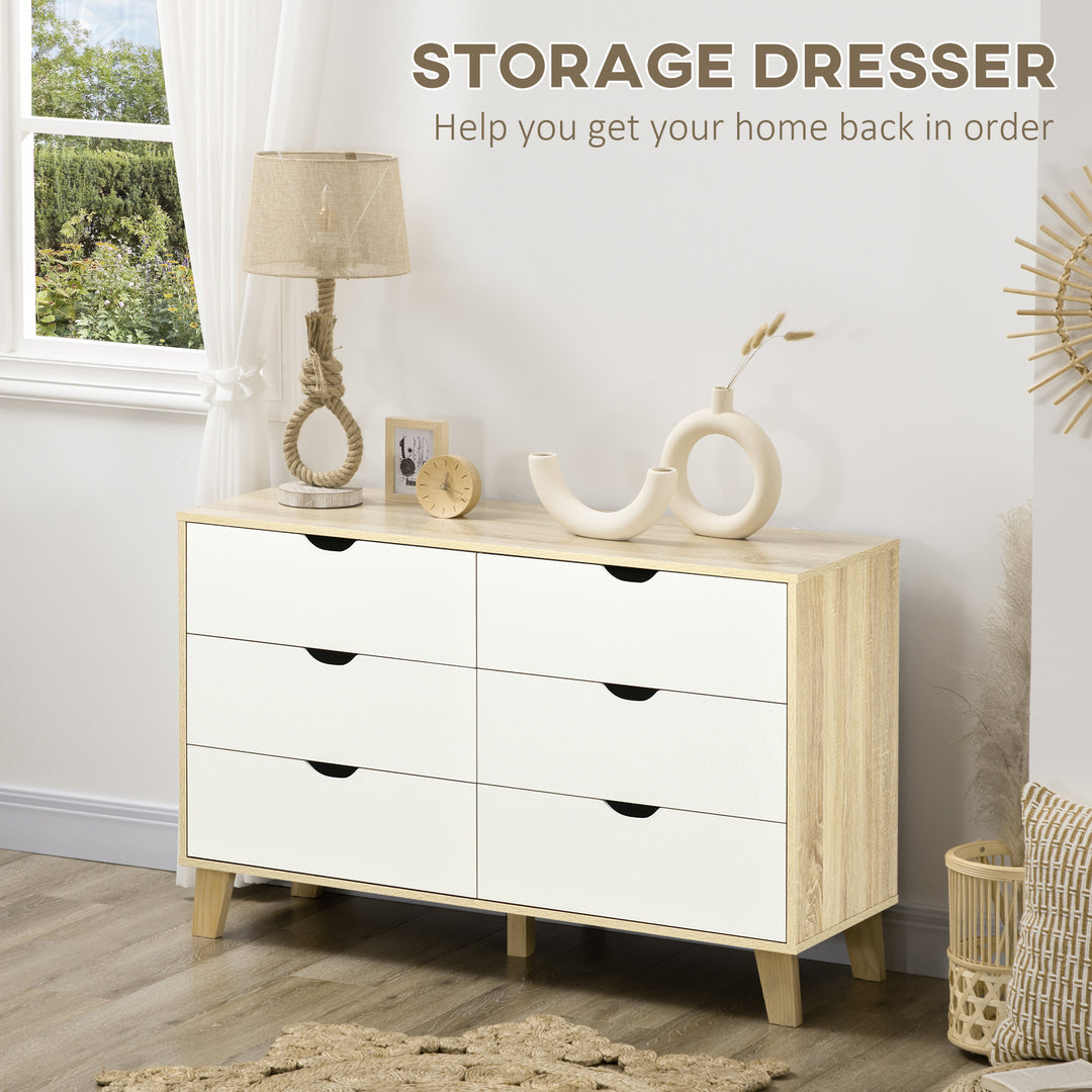 MCL Bedroom Chest of Drawers, Wide 6-Drawer Dresser, Storage Drawer Unit with Wood Legs for Living Room, White and Light Brown