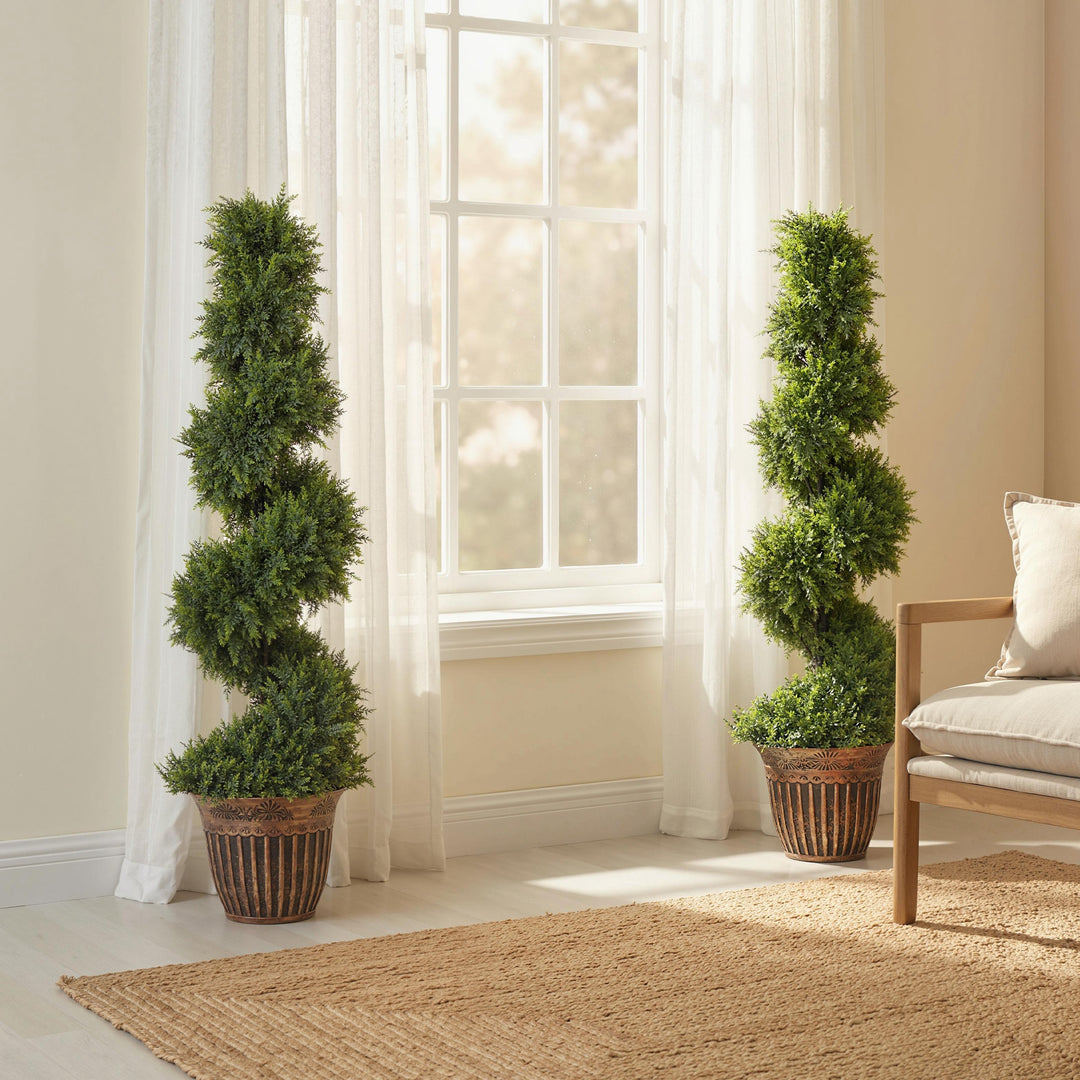 Set of 2 Artificial Plants, Topiary Spiral Cypressd Trees with Pot, fo