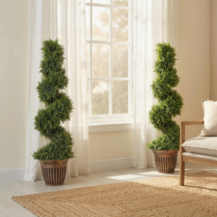 Set of 2 Artificial Plants, Topiary Spiral Cypressd Trees with Pot, fo
