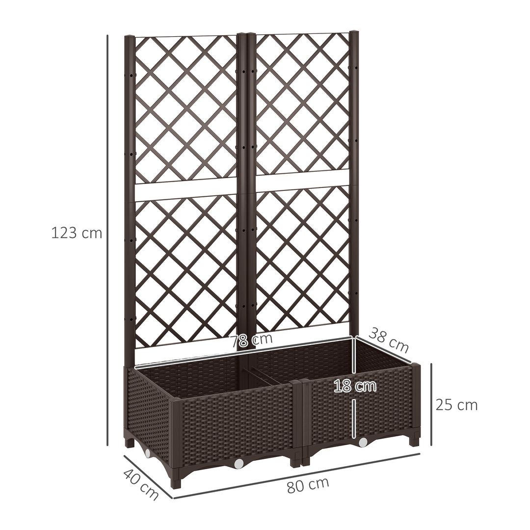Raised Garden Bed with Trellis, Plastic Planter Box with Drainage Holes, Drain Plugs and Water Reservoirs for Climbing Plants, Vegetables, Flowers, Brown