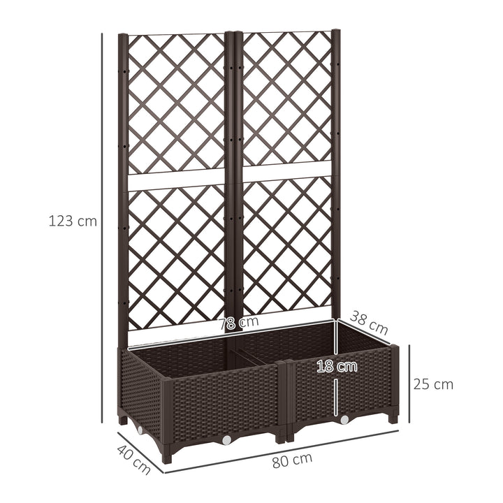 Raised Garden Bed with Trellis, Plastic Planter Box with Drainage Holes, Drain Plugs and Water Reservoirs for Climbing Plants, Vegetables, Flowers, Brown