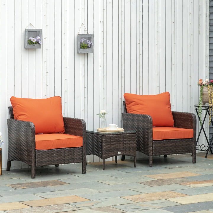 5 Pieces PE Rattan Garden Furniture Set with 10cm Thick Padded Cushions, Wicker Weave Outdoor Seating Chairs with 2 Armchairs, 2 Stools, Glass Top Table, Brown