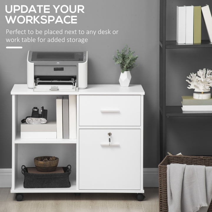 Vinsetto Mobile Filing Cabinet on Wheels, Printer Stand with Open Shelves and Drawers for A4 Documents, White