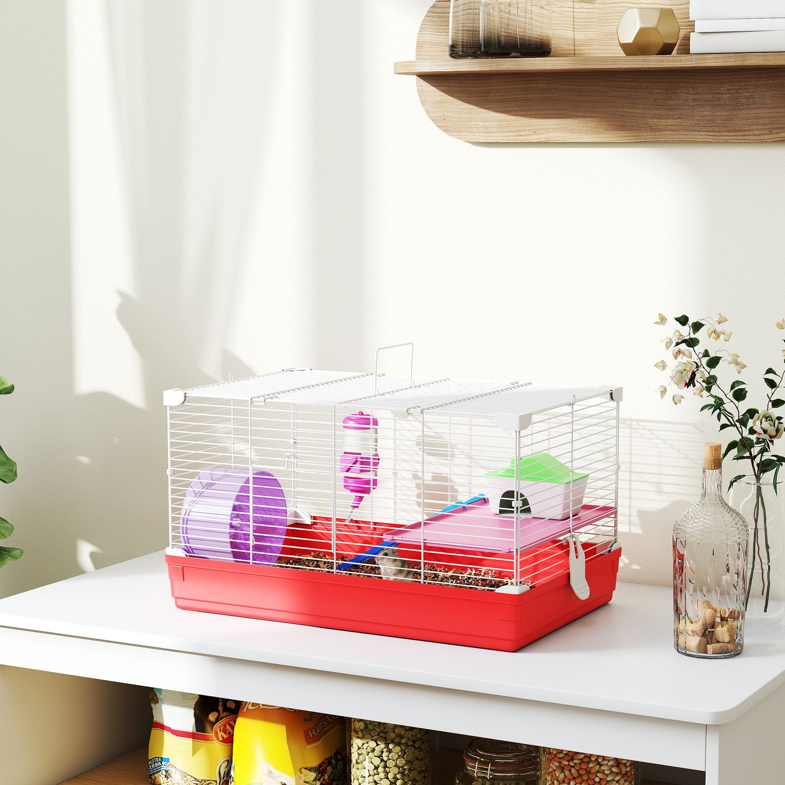 Hamster Cage, Small Gerbil Cage 2 Tiers Portable w/ Handle, Exercise Wheel, Water Bottle, Dishes