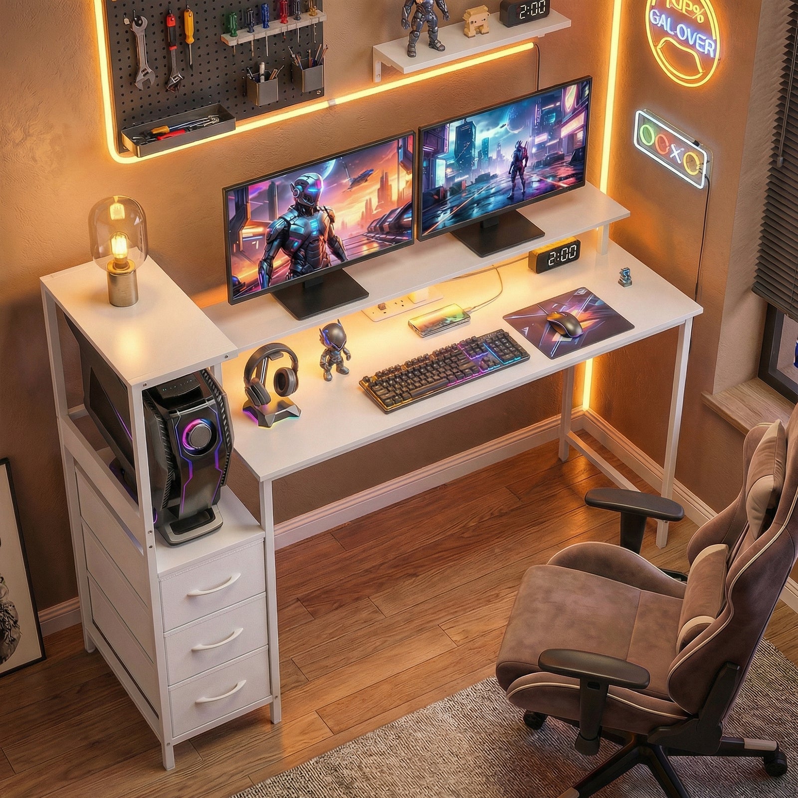 147cm Gaming Desk with Charging Station and Monitor Stand, Computer Ta