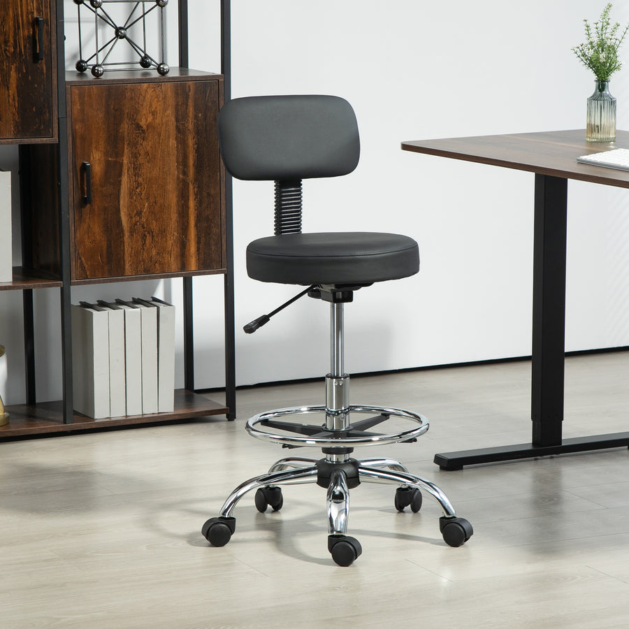 Drafting Chair, Office Chair with Backrest and Adjustable Footrest, Height Adjustable Stool, Leather Padded Rolling Task Chair for Home Office, Black