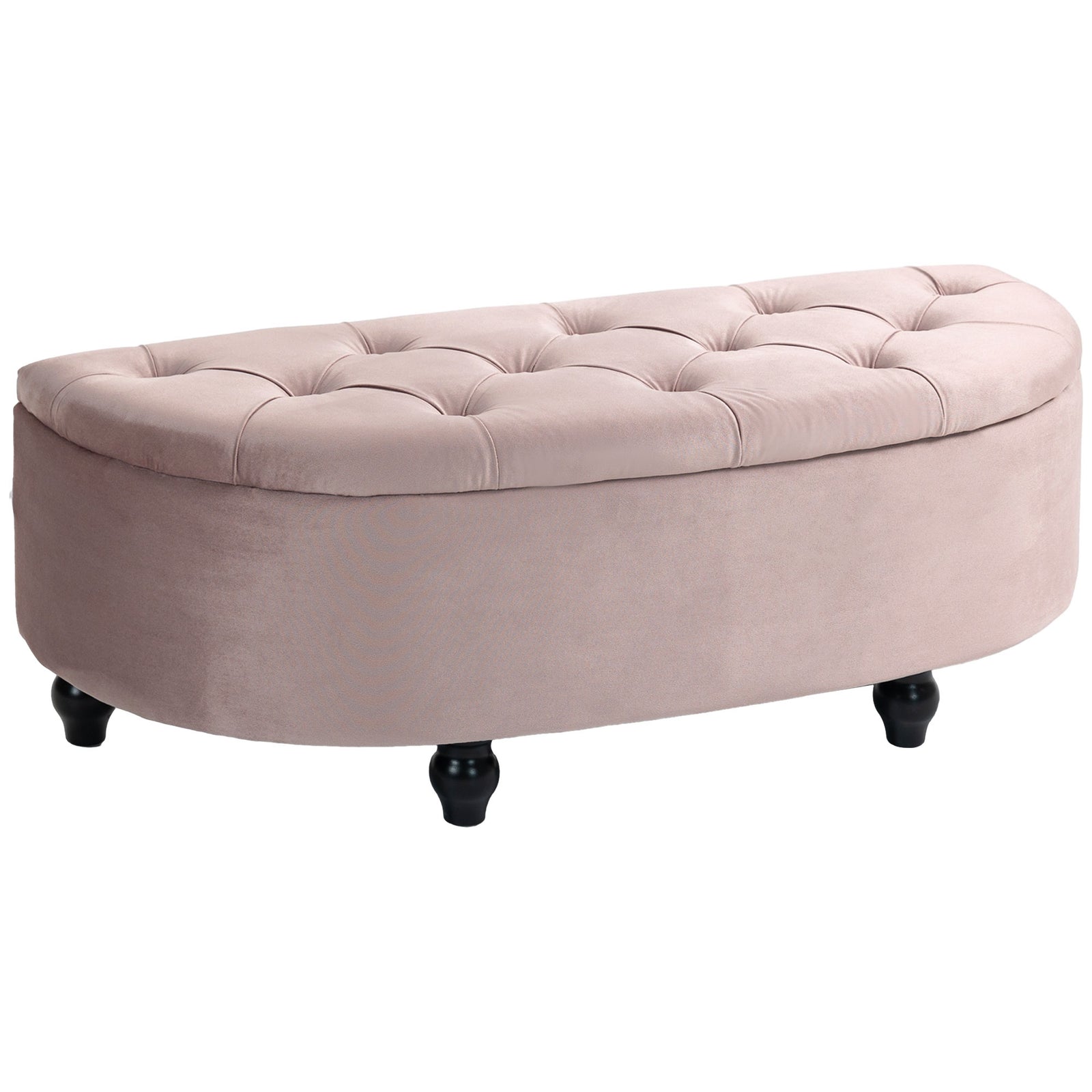 Semi-Circle Ottoman Storage Bench, Bed End Bench, Tufted Upholstered Window Seat Footrest Stool with Rubberwood Legs for Bedroom & Entryway, 120 x 46 x 42 cm, Pink