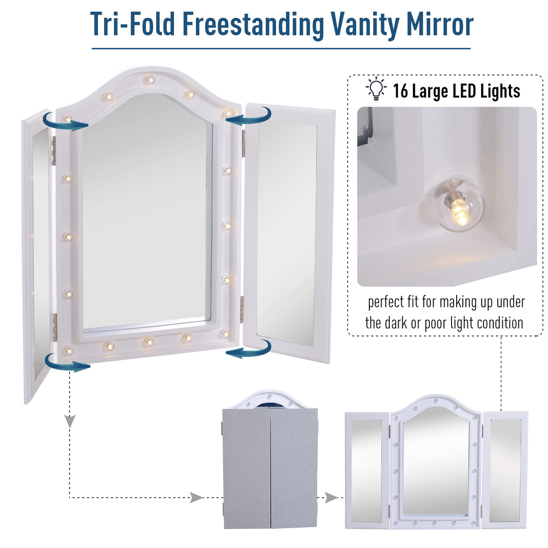 MCL Trifold Freestanding Mirror, Lighted Tabletop Vanity Mirror Large Cosmetic w/16 LED Lights powered by batteries Foldable For Bedroom- White