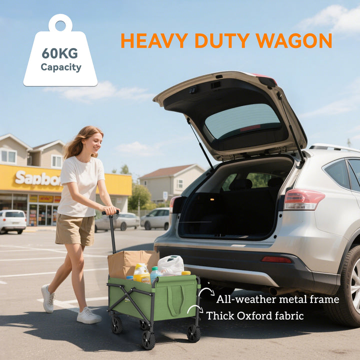 41L Festival Trolley on Wheels, Small Garden Folding Trolley Cart, 60kg Heavy Duty Collapsible Folding Wagon with Adjustable Handle and Carrying Bag for Beach, Camping, Festival, Green