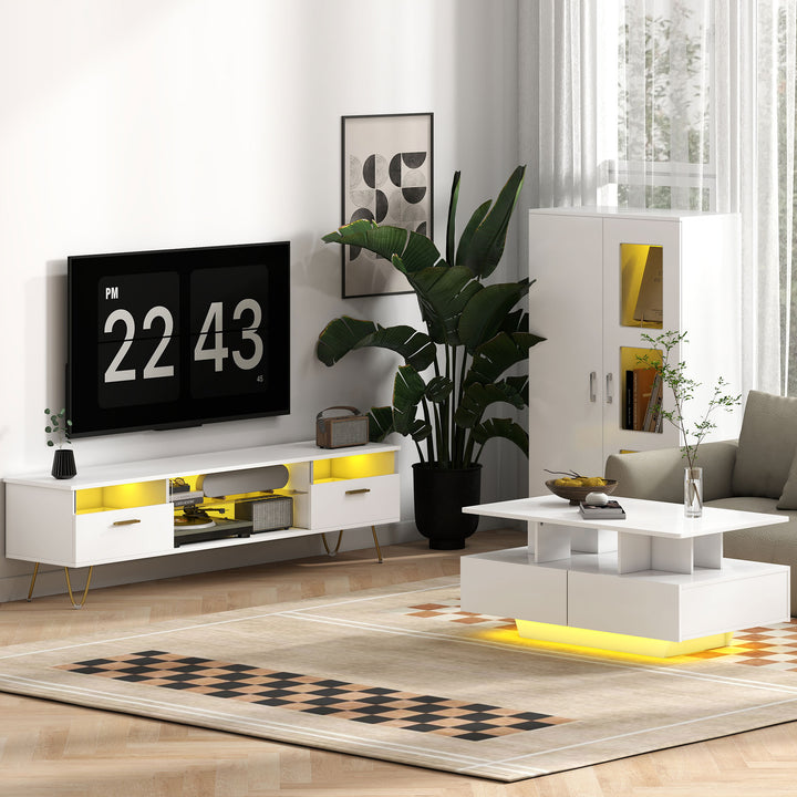High Gloss Sideboard, Display Cabinet with 16-Colour RGB LED Lights and Remote Control, Modern Storage Cupboard with Glass Doors and Shelves for Living Room, Dining Room, Kitchen, White