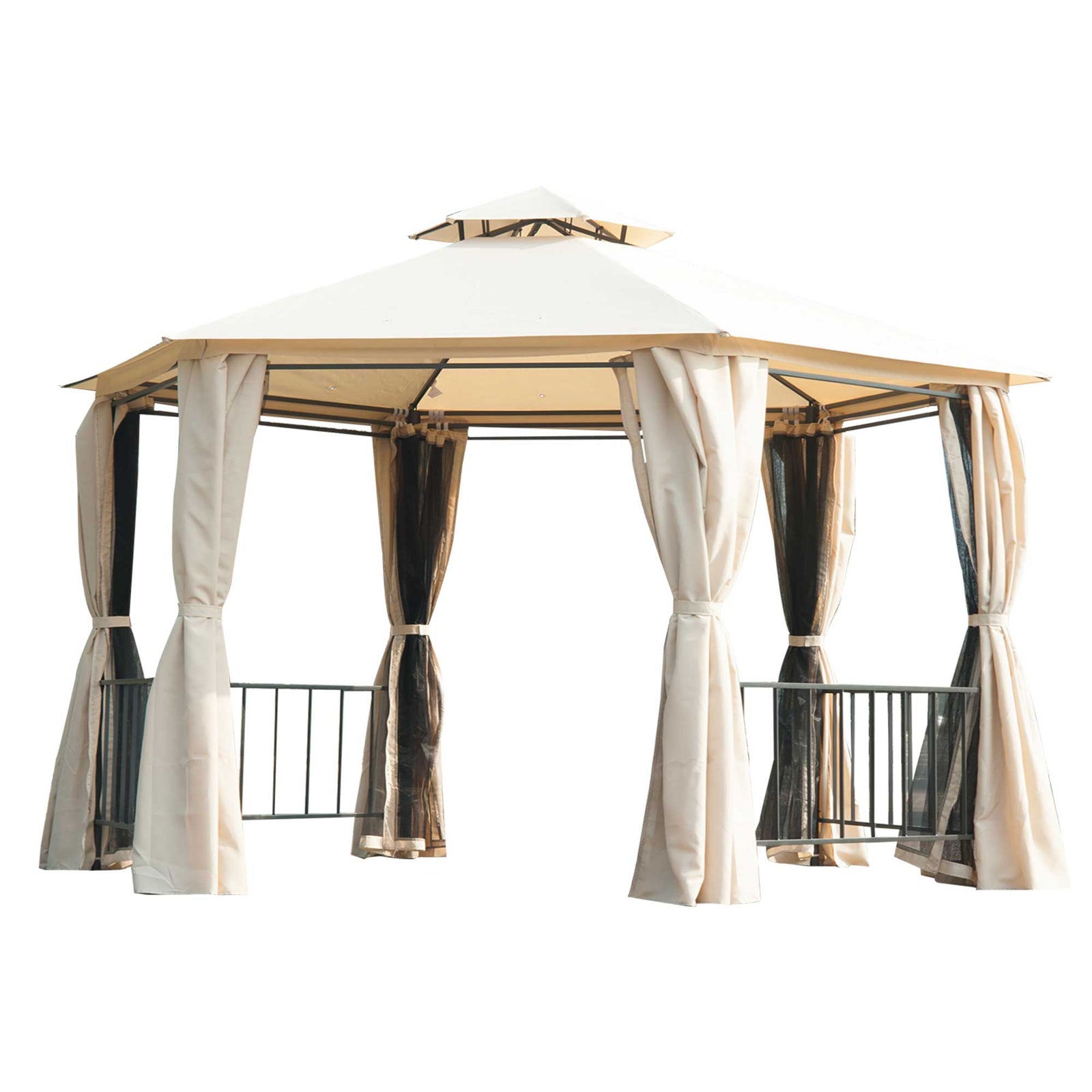 3 x 3 Hexagon Gazebo Patio Canopy Party Tent Outdoor Garden Shelter with 2 Tier Roof and Side Panel, Beige