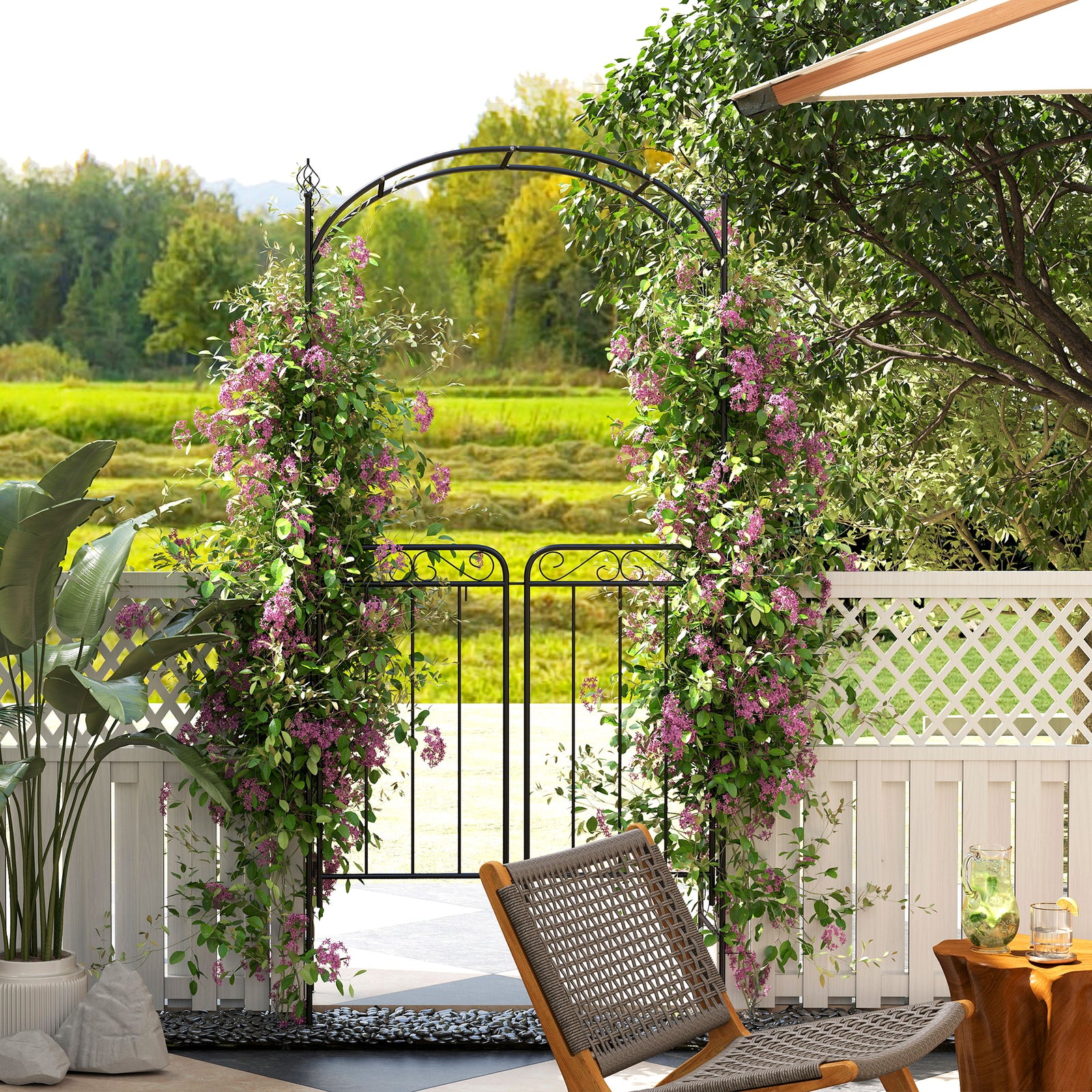 Garden Decorative Metal Arch with Gate Outdoor Patio Trellis Arbor for Climbing Plant Archway Antique Black - 108L x 45W x 215Hcm