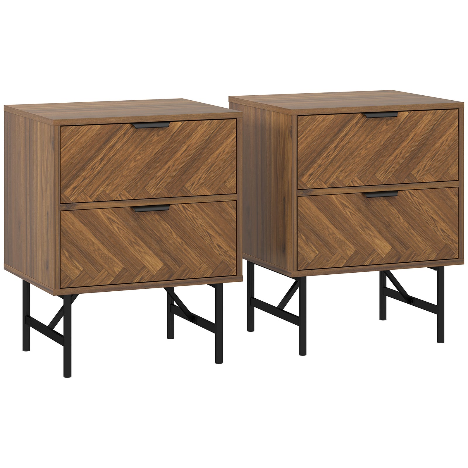 Bedside Table Set of 2 with 2 Drawers, Modern Side Tables with Herringbone Pattern and Metal Legs for Bedroom, Living Room, Walnut Brown