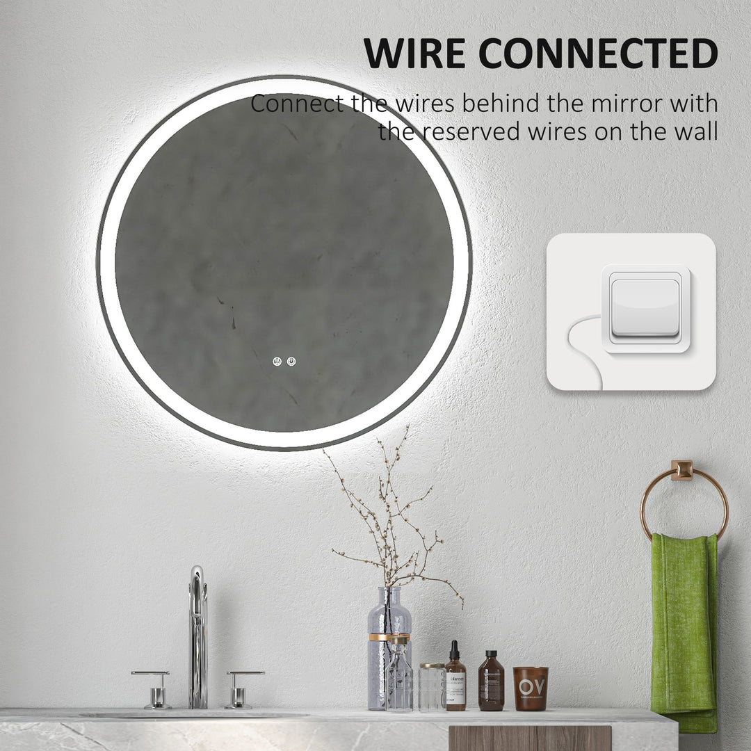 Round Bathroom Mirror with LED Lights, Wall Mount Dimmable Makeup Mirror with 3 Temperature Colours, Defogging Film and Memory Function, Frameless, Hardwired, 60 x 60 cm
