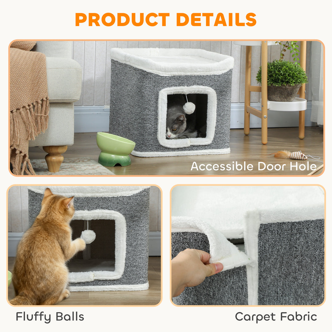 MCL Cat House for Indoor Kittens, 2-Level Cat Cave Bed with Fluffy Balls, Top Bed, Kitten Barrel for Multi Kitties, Grey