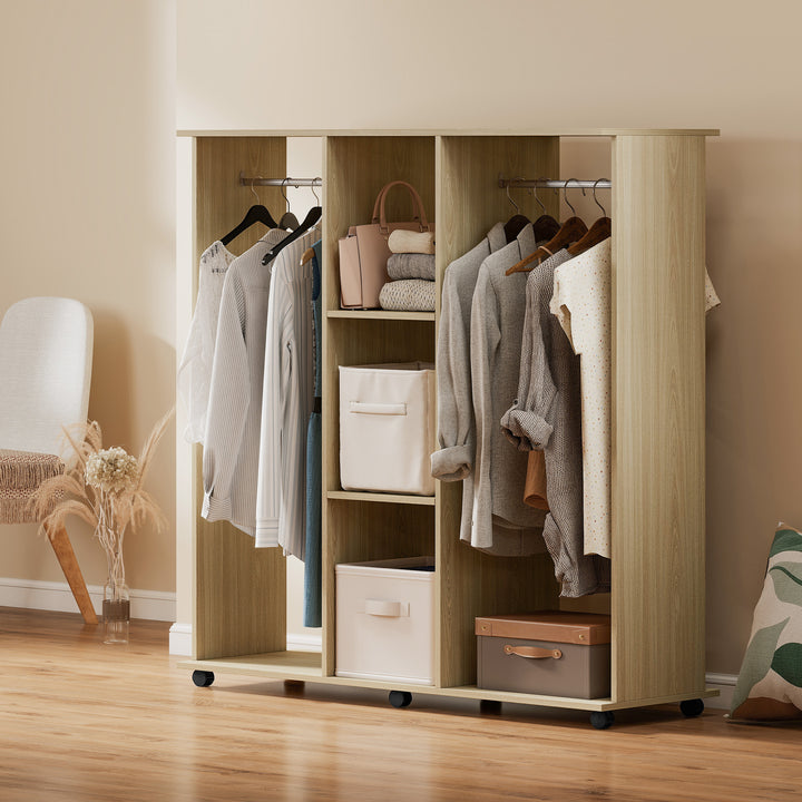 Open Wardrobe Double Mobile Storage Shelves Organizer W/6 Wheels-Natur