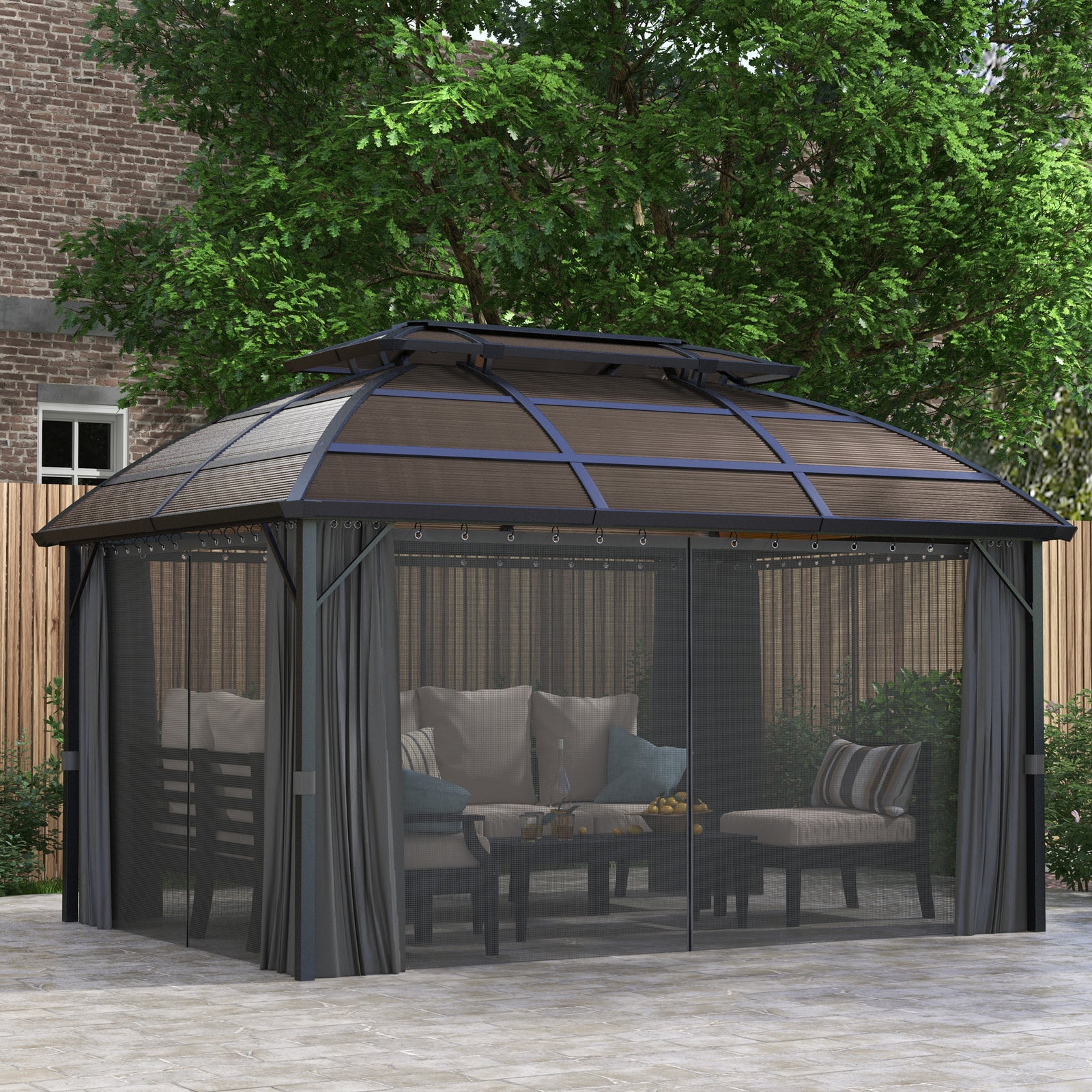 4 x 3m Aluminium Frame Hard Gazebo, with Accessories - Brown