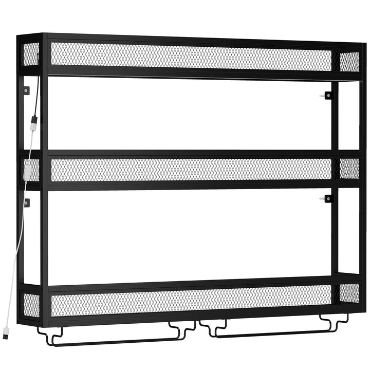 Wall-Mounted Wine Rack with LED Lights, Glass Holders, Open Shelf